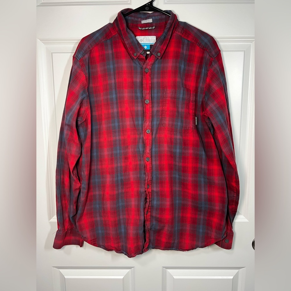 Columbia Men's Red and Blue Plaid Button Up Large